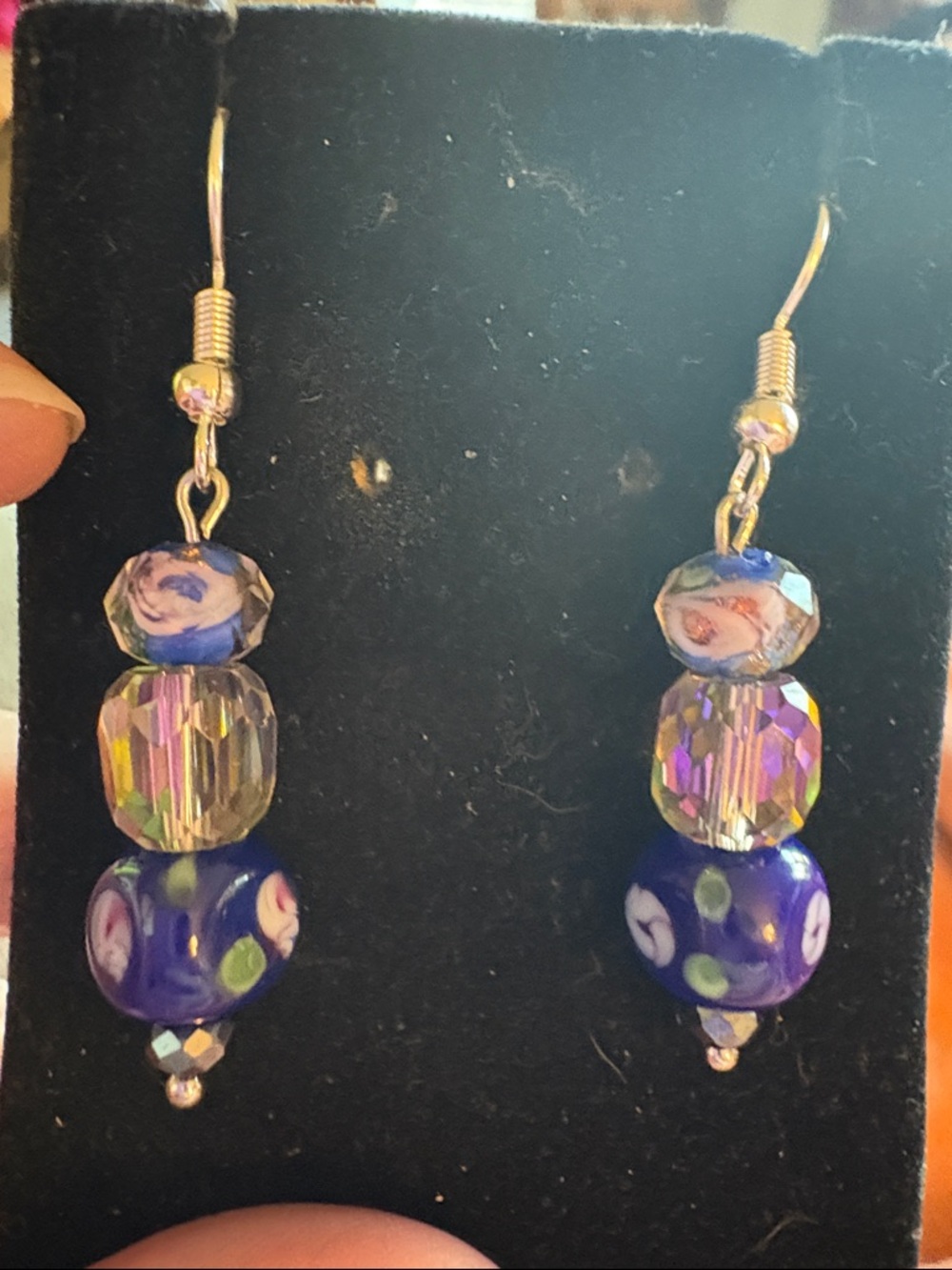 Hand Crafted Blue Floral Glass Bead Drop Earrings with Iridescent Crystals